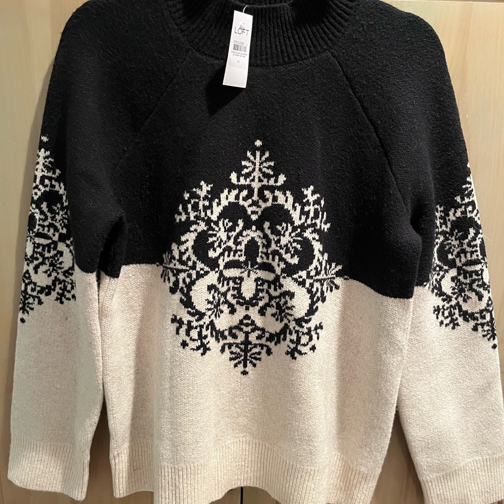 LOFT Black and Cream Cowl Neck Sweater